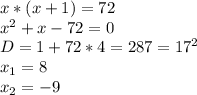 x*(x+1)=72\\x^2+x-72=0\\D=1+72*4=287=17^2\\x_{1}=8\\x_{2}=-9\\