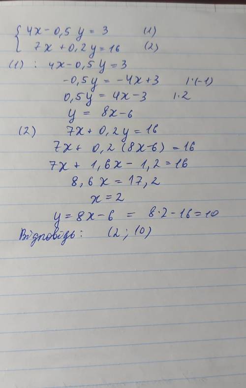 Розв'яжіть систему рівнянь підстановки 4х-0,5у=3 ; 7х+0,2у=16​