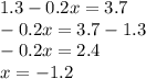 1.3 - 0.2x = 3.7 \\ - 0.2x = 3.7 - 1.3 \\ - 0.2x = 2.4 \\ x = - 1.2
