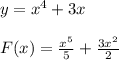 y = {x}^{4} + 3x \\\\ F(x) = \frac{ {x}^{5} }{5} + \frac{ 3{x}^{2} }{2}