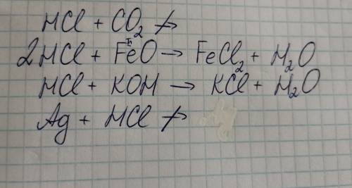 HCl + CO₂ → HCl+ FeO HCl+KOH Ag+HCl