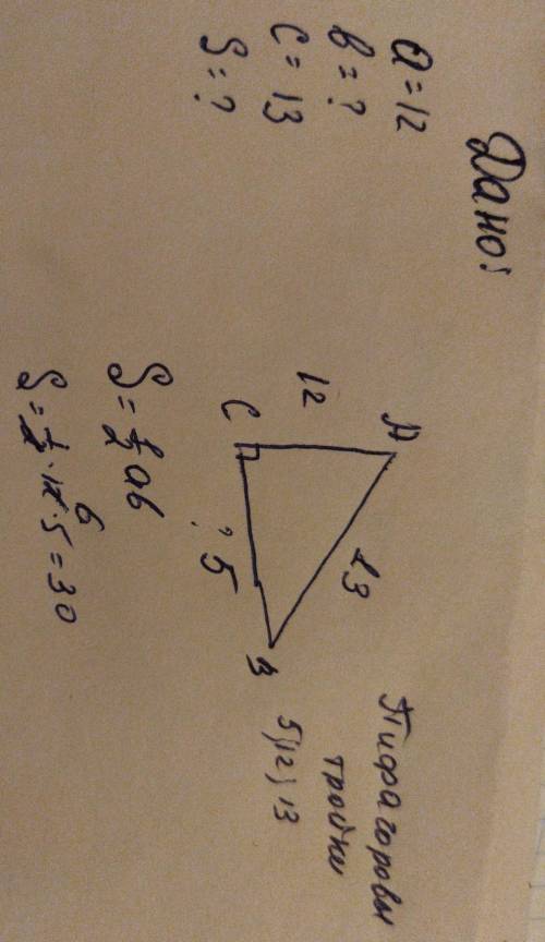 Найдите площадь прямоугольного треугольника гипотенуза которого равна 13 а один из катетов 12. с дан