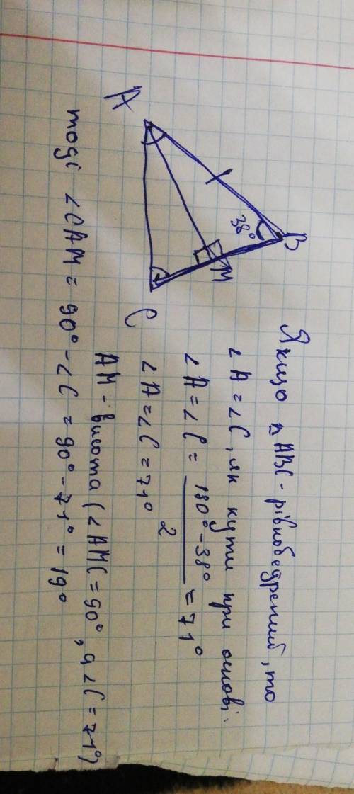 У рівнобедреному трикутнику ABC величина кута вершини ∠ B = 38°. Визнач кут між основою AC та висото