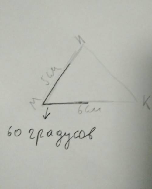 построить треугольник MNKесли MK=6 смMN=5 смугол M=60⁰​