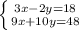 \left \{ {3x-2y=18} \atop {9x+10y=48}} \right.