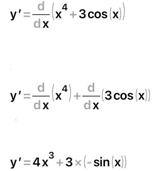 Знайти похідну функціїу=х^4+3соsх​