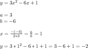 y = 3x^2-6x+1\\\\a= 3\\b = -6\\\\x = \frac{-(-6)}{2*3} = \frac{6}{6} = 1\\\\y = 3*1^2 - 6*1 + 1 = 3 - 6 + 1 = -2\\\\