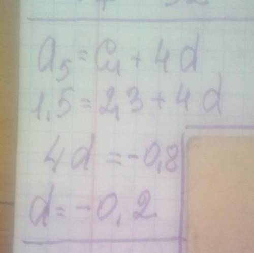 Знайдіть різницю арифметичної прогресії якщо а1=2,3; а5= 1,5​