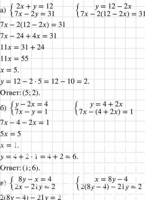 Найдите решение системы уравнений: а) 2x+y=12 7x-2y=31б) y-2x=47x-y=1в) 8y-x=42x-21y=2г) 2x=y+0,53x-