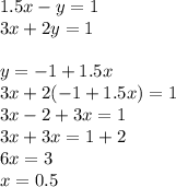 1.5x - y = 1 \\ 3x + 2y = 1 \\ \\ y = - 1 + 1.5x \\ 3x + 2( - 1 + 1.5x) = 1 \\ 3x - 2 + 3x = 1 \\ 3x + 3x = 1 + 2 \\ 6x = 3 \\ x = 0.5