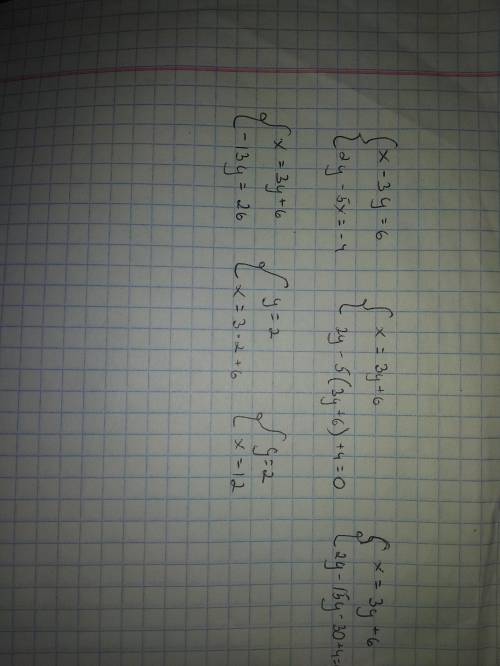 Розв'яжiть пiдстановки систему рівнянь {x-3y=6 {2y-5x=-4 подскажите