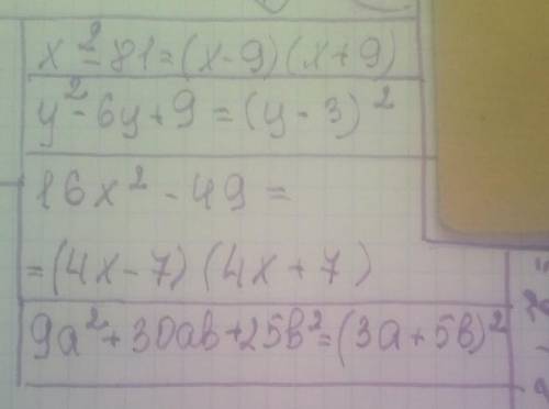 . Разложите на множители: 1)x²-81; 2)y²-6y+9; 3)16x²-49; 4)9a²+30ab+25b².​