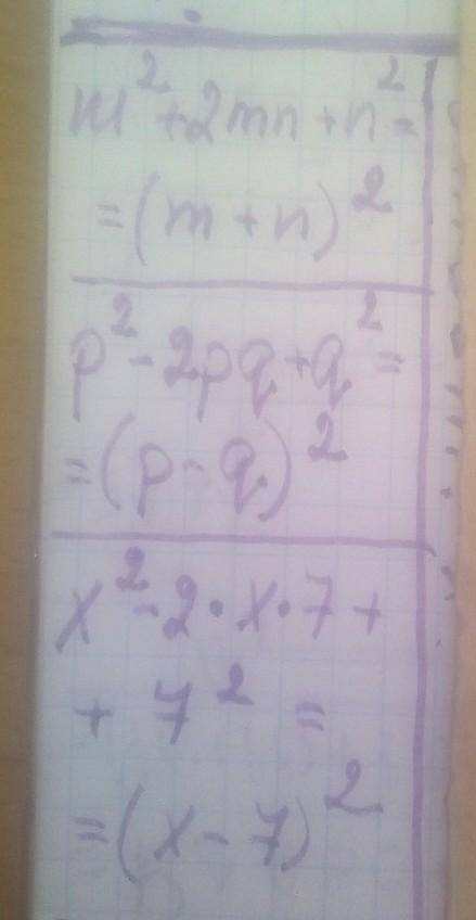 Подайте тричлен у вигляді квадрата двочлена:1)m²+2mn+ n²2)p²-2pq+q²3)x²-2•x•7+7²​