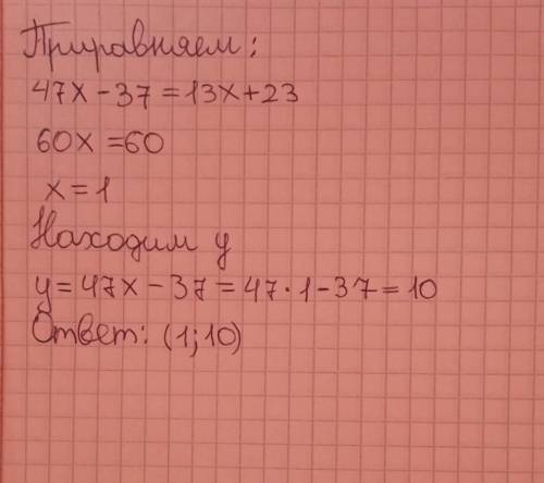 Найти точку пересечения графика функции у=-13+23 и у=47х-37, не выполняя построения​