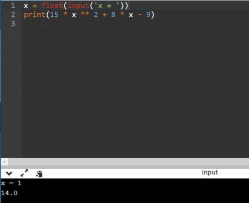 Решить в Python Вычислить значения выражения 15x^2+8x-9 (переменная x должна вводится с клавиатуры)