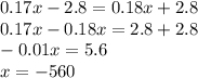 0.17x - 2.8 = 0.18x + 2.8 \\ 0.17x - 0.18x = 2.8 + 2.8 \\ - 0.01x = 5.6 \\ x = - 560