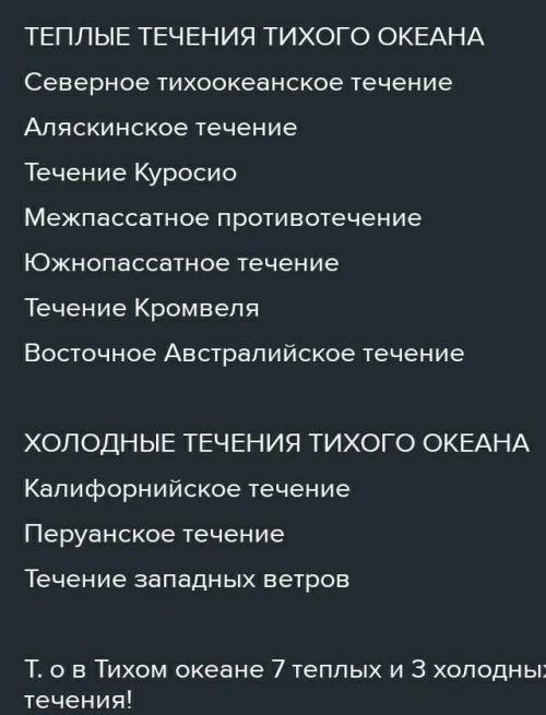 Назвіть течії Тихого океану. З'ясуйте їх розташування на карті.