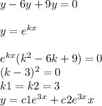 y - 6y + 9y = 0 \\ \\ y = {e}^{kx} \\ \\ {e}^{kx} ( {k}^{2} - 6 k + 9) = 0\\ (k - 3) { }^{2} = 0\\ k1 = k2 = 3 \\ y = c1 {e}^{3x} + c2 {e}^{3x} x