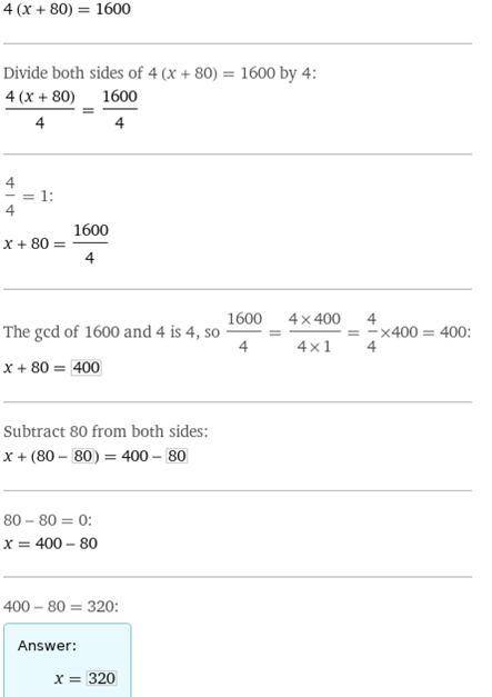 Реши уравнения путём преобразования: 4×(80+х)=1600 ​