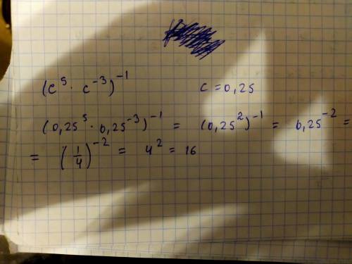 , Найдите значение выражения: (с^5c^-3)^-1 , если с = 0,25. большое заранее...