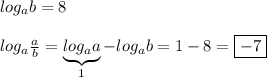 log_{a} b=8\\\\log_{a} \frac{a}{b}=\underbrace{log_{a}a}_{1}-log_{a} b=1-8=\boxed{-7}