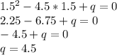 1.5^2-4.5*1.5+q=0\\2.25-6.75+q=0\\-4.5+q=0\\q=4.5