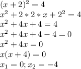 (x+2)^2 = 4\\x^2 + 2*2*x + 2^2 = 4\\x^2 + 4x + 4 = 4\\x^2 +4x +4 - 4 = 0\\x^2 + 4x = 0\\x(x + 4) = 0\\x_1 = 0; x_2 = -4