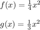 f(x) = \frac{1}{4}x^2\\\\g(x) = \frac{1}{3}x^2