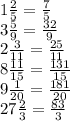 1\frac{2}{5} = \frac{7}{5}\\3\frac{5}{9} = \frac{32}{9}\\2\frac{3}{11} = \frac{25}{11} \\8\frac{11}{15} = \frac{131}{15} \\9\frac{1}{20} = \frac{181}{20} \\27\frac{2}{3} = \frac{83}{3}