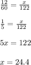 \frac{12}{60} = \frac{x}{122}\\\\\frac{1}{5} = \frac{x}{122}\\\\5x = 122\\\\x = 24.4