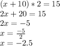 (x + 10)*2 = 15\\2x + 20 = 15\\2x = -5\\x = \frac{-5}{2}\\x = -2.5