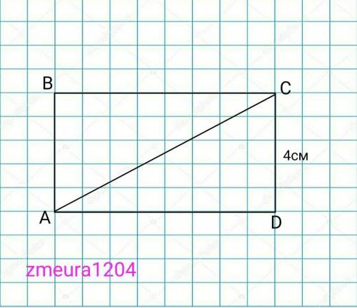 Знайдіть діагональ прямокутника якщо його площя 24см² а менша сторона 4 см