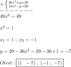 +\left \{ {{36x^{2} +y=29} \atop {13x^{2}-y=20 }} \right.\\-------\\49x^{2}=49\\\\x^{2} =1\\\\x_{1}=1 \ ; \ x_{2}=-1 \\\\y=29-36x^{2} =29-36*1=-7\\\\Otvet:\boxed{(1 \; \ -7)\ , \ (-1 \ ; \ -7)}