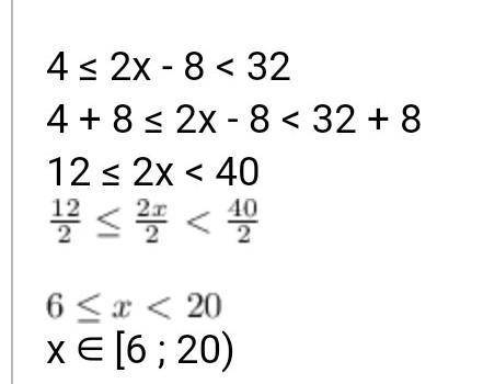 Реши двойное неравенство 16≤4x−8<26. В каких пределах находится x? ≤x< Напиши ответ в виде инт