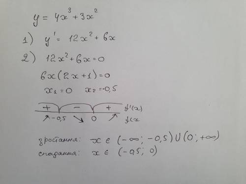 Знайти проміжки зростання і спадання функції y=4x^3+3x^2
