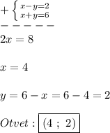 +\left \{ {{x-y=2} \atop {x+y=6}} \right. \\-----\\2x=8\\\\x=4\\\\y=6-x=6-4=2\\\\Otvet:\boxed{(4 \ ; \ 2)}