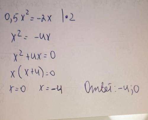 Найди корни уравнения 0,5x^2=−2x (Корни уравнения запиши в возрастающем порядке, если корней нет, по