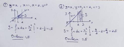 Площадь фигуры, ограниченной линиями и осью Ох. К задаче сделать чертежy = x, x= 1, x=2, y = 0у=х,х=