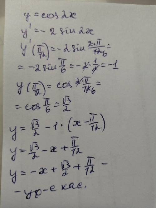 Знайти рівняння дотичної до графіка функції у = cos 2x при х0 = p/12 Решения сделать правильное!А не