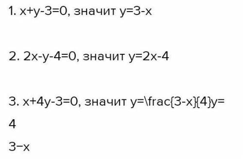 1) x + y - 3 = 0; 2)х+4у-3=03)х+9=3Постройте график​