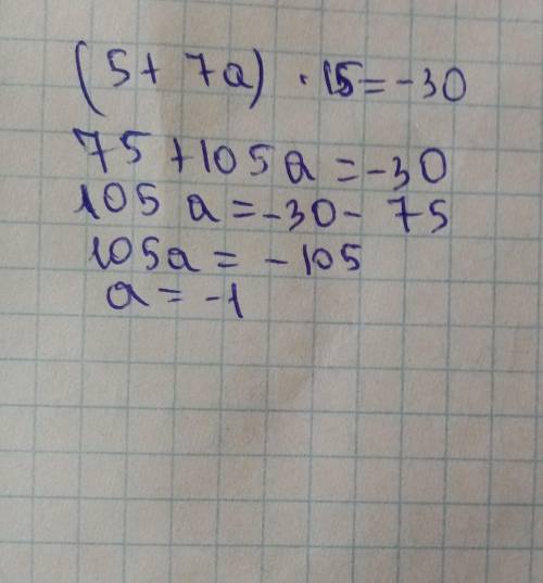 Решите уравнение :(5+7а)×15 =-30​