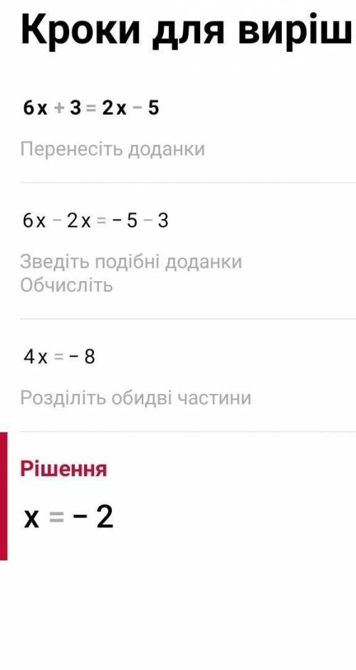 Розв’яжіть рівняння 6х + 3 = 2х – 5 *