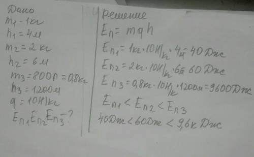 железный шарик массой 1 кг падает с высоты 4 м, деревянный брусок массой 2 кг-6 м, а камень массой 8