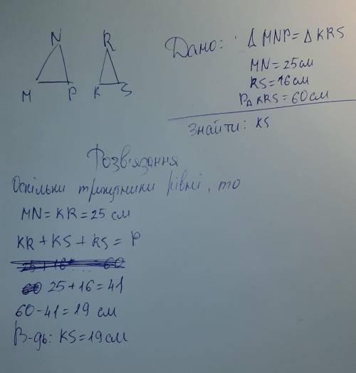 2. У рівних трикутниках MNP і KRS MN =25 см, Rs =16 см, а периметр трикутника KRЅ дорівнює 60 см. Зн