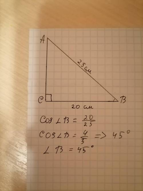 В треугольнике ABC, угол C=90,AB=25см,BC=20см,найти:cosB​