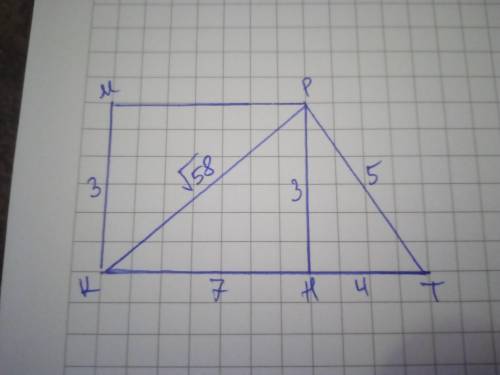 Бічні сторони прямокутної трапеції дорівнюють 3 см і 5 см, а менша діагональ – √͞͞͞͞͞58 см. Чому дор