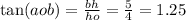 \tan(aob) = \frac{bh}{ho} = \frac{5}{4} = 1.25