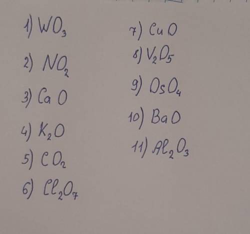 Написати за назвою хімічні формули оксидів. 1)Вольфрам(6) оксид. 2) Нітроген(4) оксид. 3)Кальцій окс