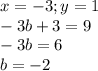 x = -3; y = 1\\-3b+3=9\\-3b=6\\b=-2