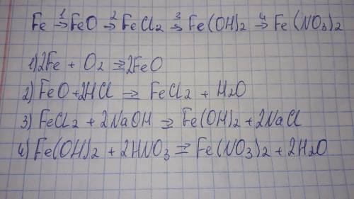 Напишіть рівняння реакцій за до яких можна здійснити ﻿ перетворення.﻿ Fe → FeO → FeCl2 → Fe (OH)2 →